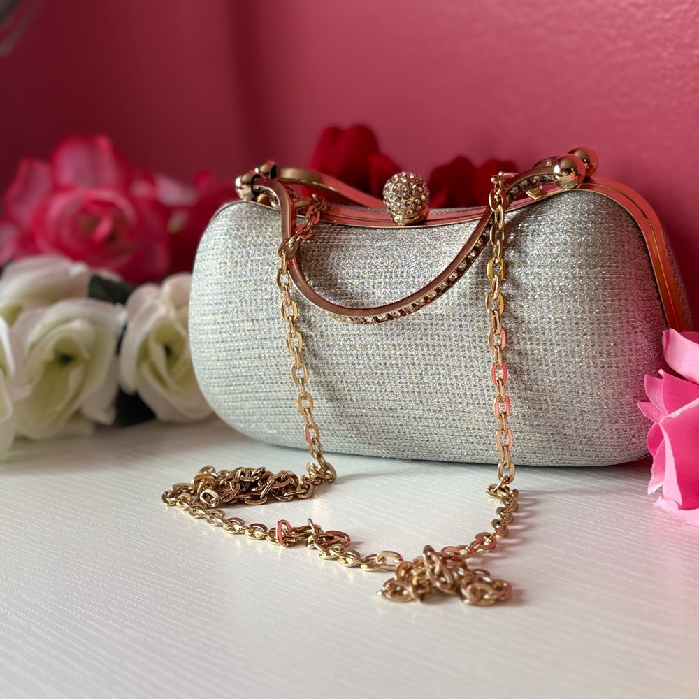 Elegant Silver Evening Clutch with Gold Chain